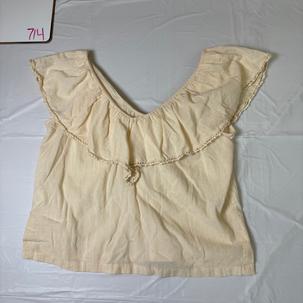 LOFT Petites Cream Ruffle V-Neck Cotton Gauze Sleeveless‎ Top XSP Crochet Trim